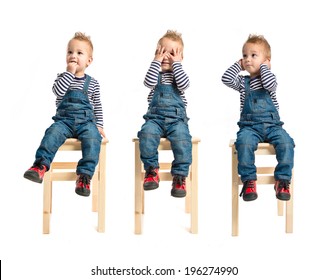 Kid Sitting On A Wooden Chair Over White Background 