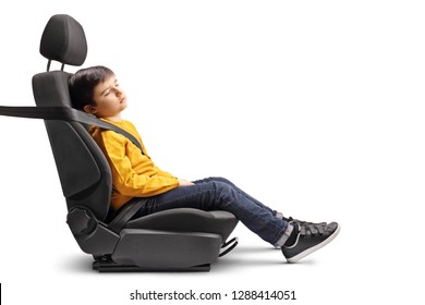 Kid Sleeping In A Car Seat Isolated On White Background