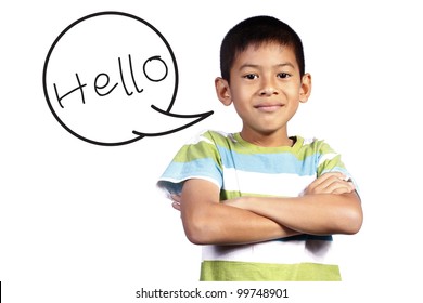 Kid With Speech Say Hello On White Background