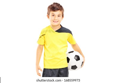 Kid In Sportswear Holding A Soccer Ball Isolated On White Background