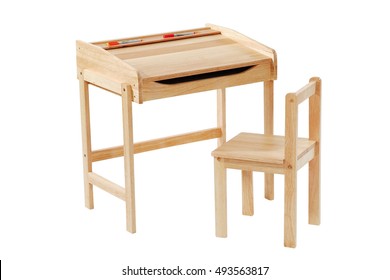 Kid Study Desk And Chair Isolated With Clipping Path.
