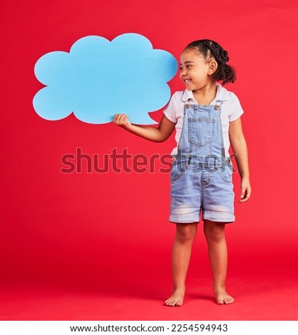 Kid, talking or speech bubble and ideas, opinion or vote on isolated red background in social media, child vision or news. Smile, happy or girl and banner, paper or cardboard poster in speaker mockup