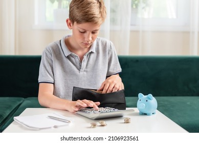 Kid teen boy counting money and taking notes, saving money in a piggy bank. Learning financial responsibility and projecting savings. Concept of finance, business, investment. Lessons in mindfulness - Shutterstock ID 2106923561