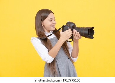 Kid Use Digital Camera. Happy Child Photographing. School Of Photography. Hobby Or Future Career. Photographer Beginner With Modern Camera. Making Video. Childhood. Teen Girl Taking Photo.