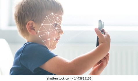 Kid Using Face Id Recognition. Boy With A Smartphone Gadget. Digital Native Children Concept.
