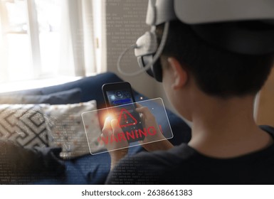 Kid using mobile smart phone login app game on AR glasses,Vr Headset with warning sign for Cyber security and data protection on internet safety for Password protected system and encrypted connection