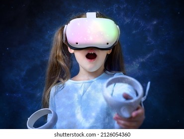 Kid using virtual reality headset for metaverse, cute child looking in VR glasses. Young person with futuristic goggles having fun, little girl playing video games. Technology and people concept. - Powered by Shutterstock