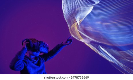 Kid with VR glasses points with the finger to virtuelle struktur hologramm universum. Kid with virtual reality glasses with virtuelle struktur bokeh. - Powered by Shutterstock