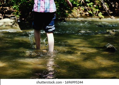 Kid wading in creek water, summer fun in nature.