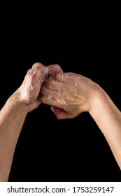 Kid Washing Hands With Soap To Stop Spreading Virus Infection, On Black Background