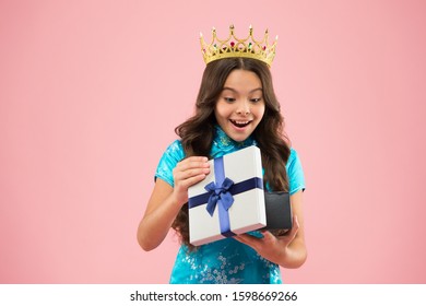 Kid Wear Golden Crown Symbol Of Glory. Beauty Pageant. Little Princess. Girl Wear Crown. Princess Manners. Award Concept. Gift Box. Winner Of Beauty Competition. International Beauty Contest.