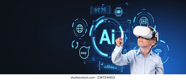 Kid wearing vr glasses finger touch AI hologram, virtual screen with speech bubble and indicators, chat bot or robot conversation. Concept of machine learning and metaverse - Powered by Shutterstock