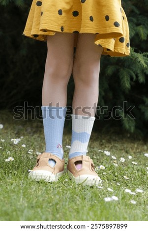 Kid wears different pair of socks. Child foots in mismatched socks, studio photography. Down syndrome awareness concept, odd socks day, anti-bullying week.	