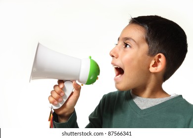 Kid Yelling Through A Megaphone On White Background