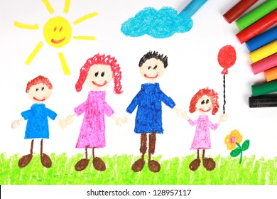 Kiddie style crayon drawing of a happy family on a green meadow