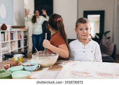 Kids Baking At Home. They Are Making A Big Mess