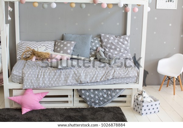 Kids Bedroom Gray White Bedding Cotton Interiors Stock Image