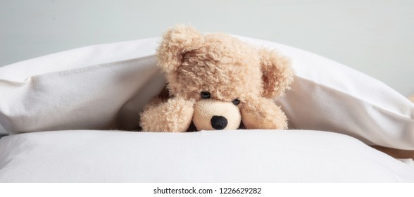 Kids bedtime. Cute teddy laying on bed mattress playing with pillows, banner