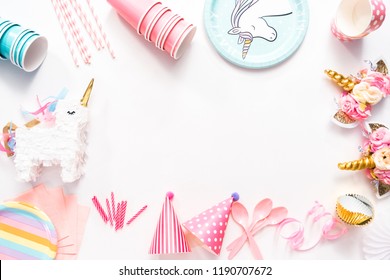 Kids Birthday Party Supplies On A White Background.