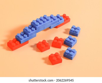 Kids Block Cube Bridge Building, Red And Blue Color With Nude Background