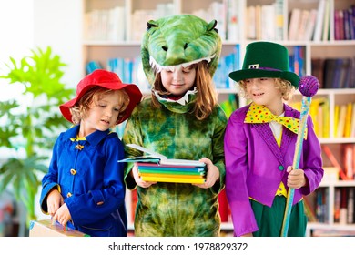 Kids In Book Character Costume. School Dress Up Party. English Language And Literature Study For Young Children. Reading For Primary School Kid. Library Event. Fun Learning.