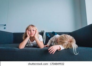 Kids Bored And Tired Of Staying Home, Girls Feeling Anxiety And Stress