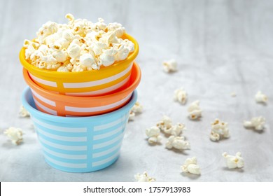 Kids Bowls With Popcorn In Gray Background