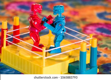 Kids Brightly Colored Boxing Robots Game On Multicolored Table Top. 