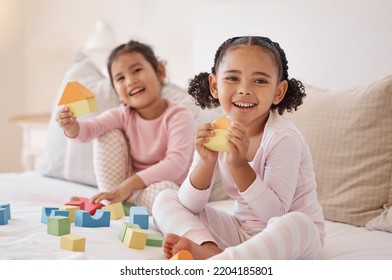 Kids, Building Blocks And Play Learning For Fun, Education And Healthy Development In Bedroom At Home. Portrait Of Two Excited Children, Friends And Young Girls Building With Creative Toys And Games