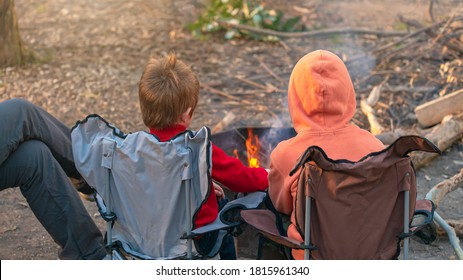 Kids Burning Camp Fire In The Forest Camping Grounds During Winter School Holidays, Kuitpo, South Australia