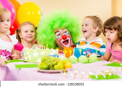 Kids Celebrating Birthday Party With Clown