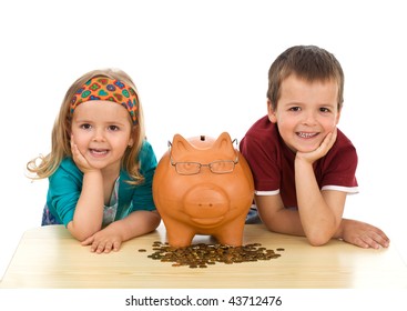 Kids With Coins And A Piggy Bank - Financial Education Concept, Isolated