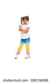 The Kids Dance School, Ballet, Hiphop, Street, Funky And Modern Dancers On White Studio Background. Happy Girl Is Showing Aerobic And Dance Element. Teen In Hip Hop Style.