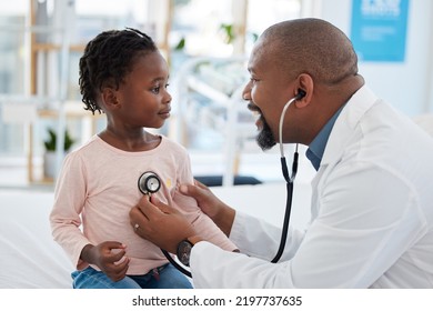 Kids doctor, stethoscope and consulting hospital worker in medical help, insurance exam or lung test. Happy smile or pediatrician healthcare employee with girl patient in children medicine cardiology - Powered by Shutterstock