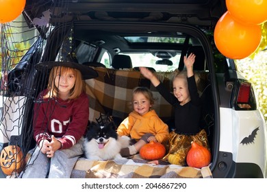 Kids Dog Celebrating Halloween In Car Trunk. Autumn Holidays
