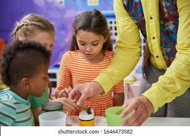 Kids Doing A Chemical Experiment In Playroom. Kids Having Fun At Childrens Entertainment Center. Easy Science Experiments For Kids.