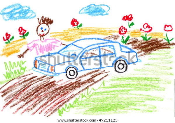 Kid\'s drawing Dad and his\
Car