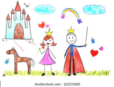 Kids Drawing Princess And Prince Picture On The Wooden Table