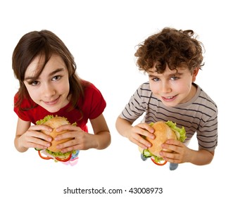 Kids Eating Healthy Sandwiches Isolated On White Background