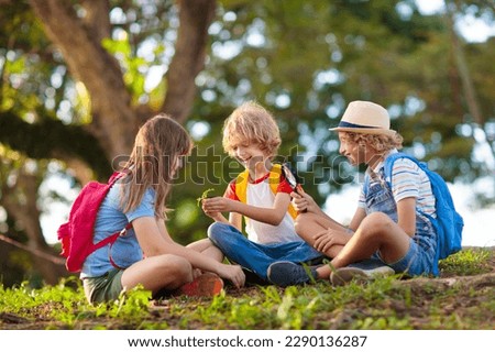 Kids explore nature. Children hike in sunny summer park. Scout club and science outdoor class. Boy and girl watch plants through magnifying glass. Kid exploring environment. Young explorer adventure.