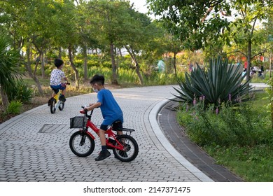 Kids With Face Mask Ride Bicycles In Park Near West Kowloon Waterfront Promenade, Hong Kong On Sunny Day. Back View. 