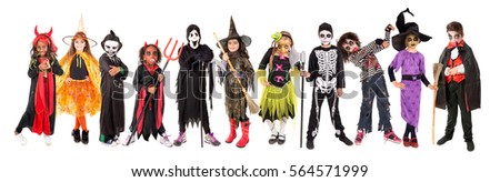 Kids with face-paint and Halloween costumes isolated in white