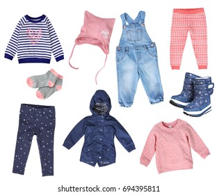 Kids Fashion Autumn Spring Season Clothes. Child Girl Clothing Collage. Set Of Baby Apparel Studio Nobody.