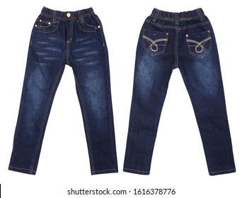 Kids Fashionable Blue Jeans Isolated On White Background. Beautiful Casual Denim Jeans. Stylish Jeans Pants On White Background