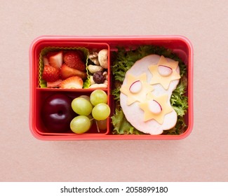 Kids Food Art Bento, Box With Sandwich And Strawberries