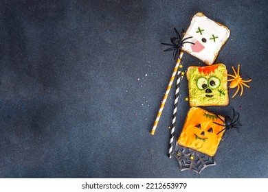 Kids Food, Party Or Breakfast Halloween Idea. Simple Healthy Sandwiches Recipe From Toast Bread, Avocado, Cream Cheese, Pumpkin Spread With Halloween Monster Decor