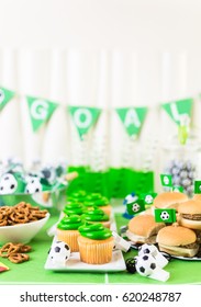 Kids Football Party Set With Snacks And Drinks.