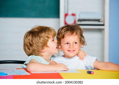 Kids Freinds Gets Ready For School. Funny Little Children Having Fun On First Time To School.