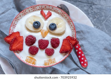 Kids Funny Breakfast Yogurt With Fruits And Berries