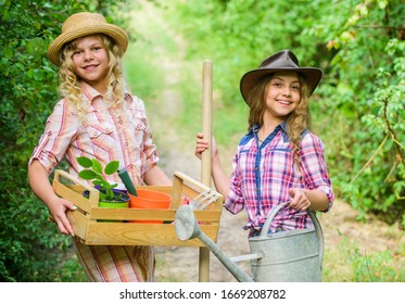 Kids Girls With Tools For Gardening. Gardens Great Place Cultivate Meaningful And Fun Learning Experience For Children. Gardening Basics. Gardening Teaching Life Cycle Process. Summer At Countryside.